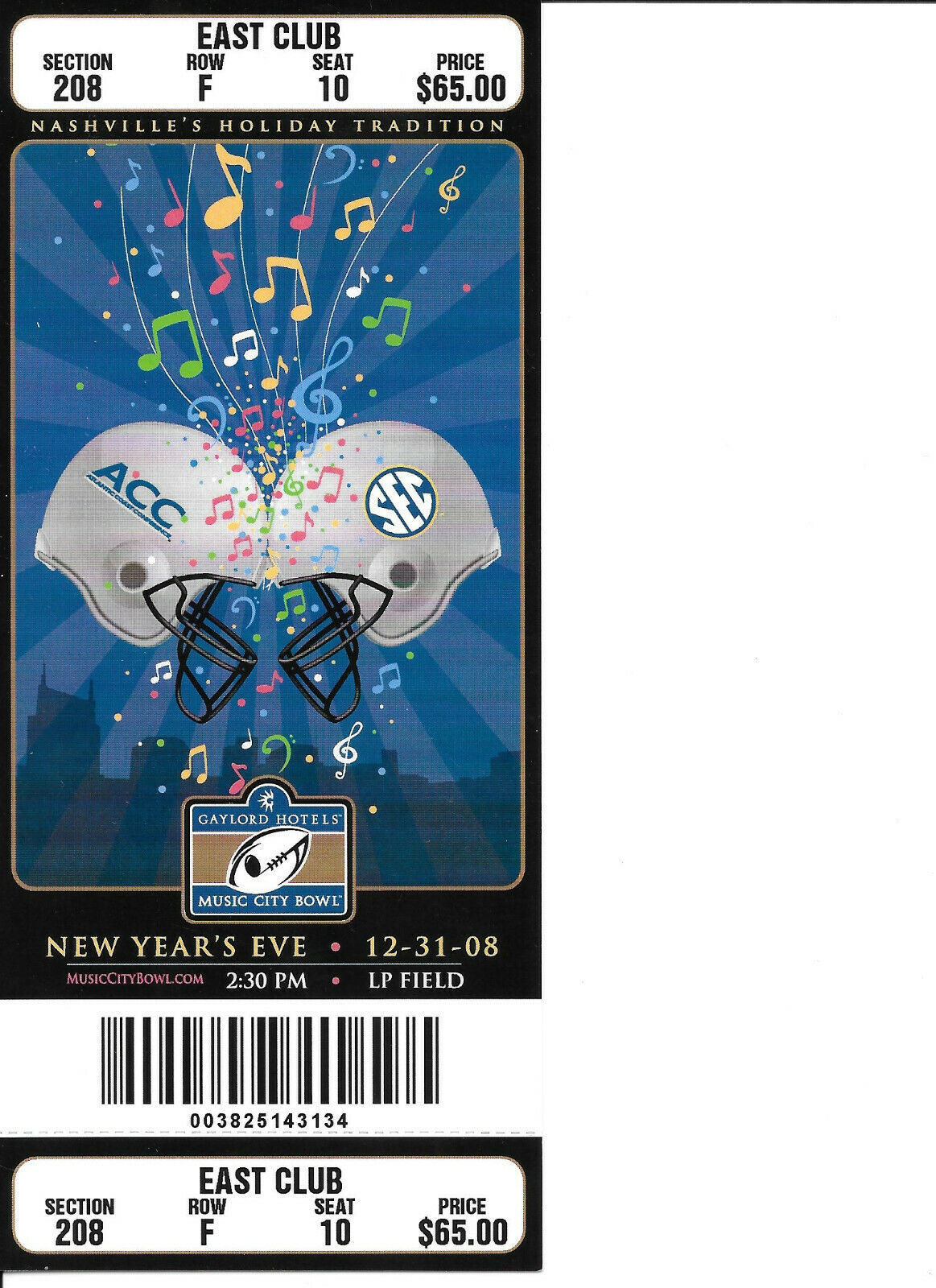 2008 Music City Bowl Ticket Stub - Boston College Vs Vanderbilt
