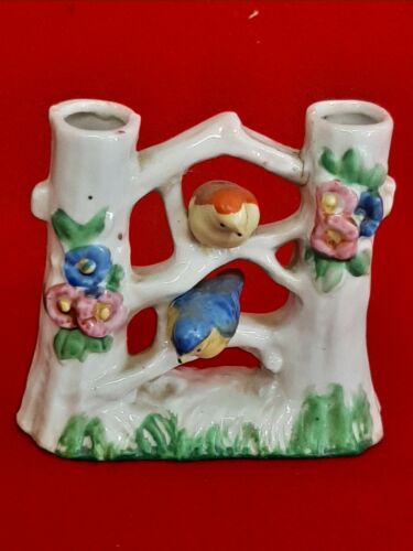 Vintage Double Bud Vase - Birds On Tree Trunk - Ceramic Flowers Japan