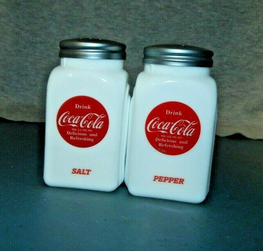 COCA-COLA Salt & Pepper Shakers w Arch Sides TABLE RANGE Milk Glass