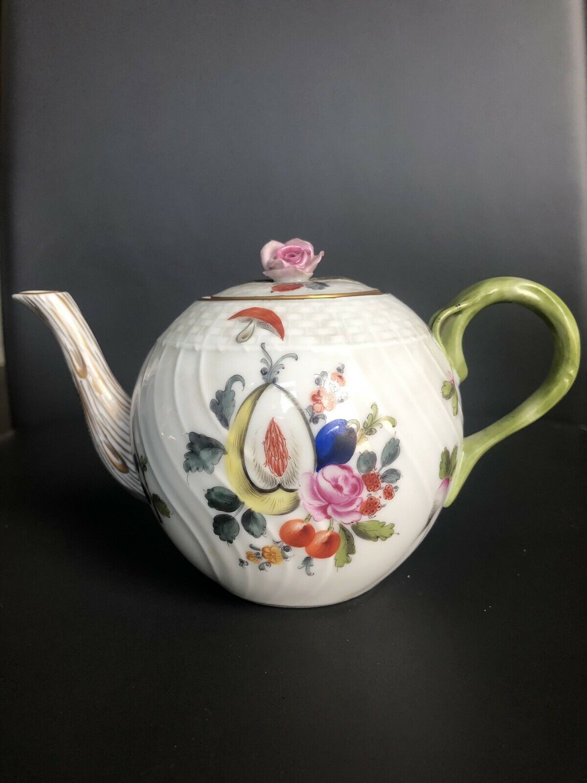Herend Hungary Fruits Flowers Teapot Early Mark Vintage Adorable Small Tea 4 One