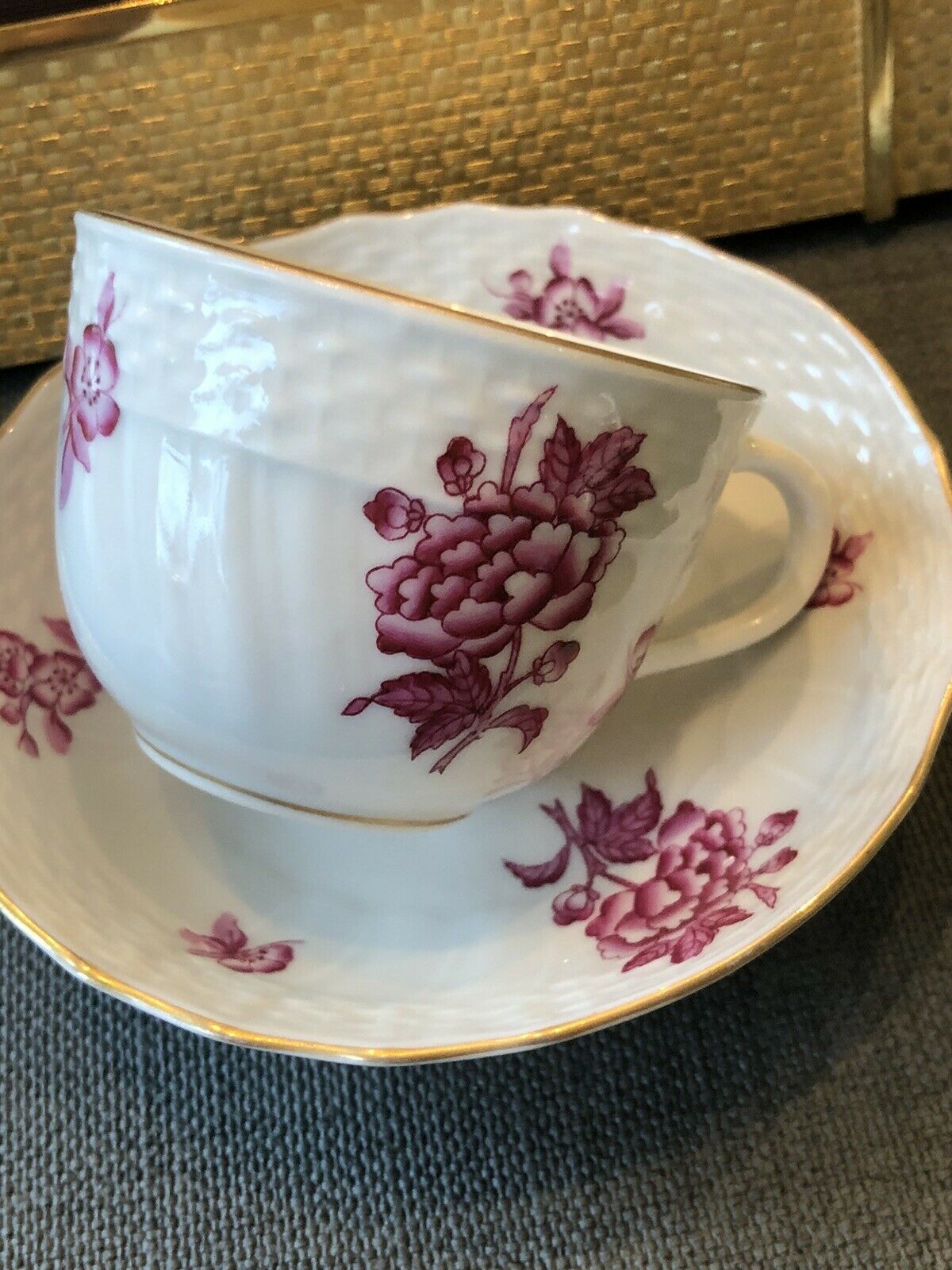 Herend Hungary Handpainted Pink Floral Demitasse Coffee Cup and Saucer