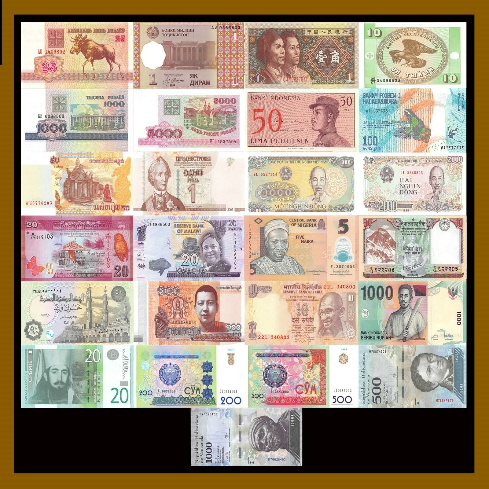 25 Pcs of Different World Mix (Mixed) Foreign Banknotes Currency Lot, Unc