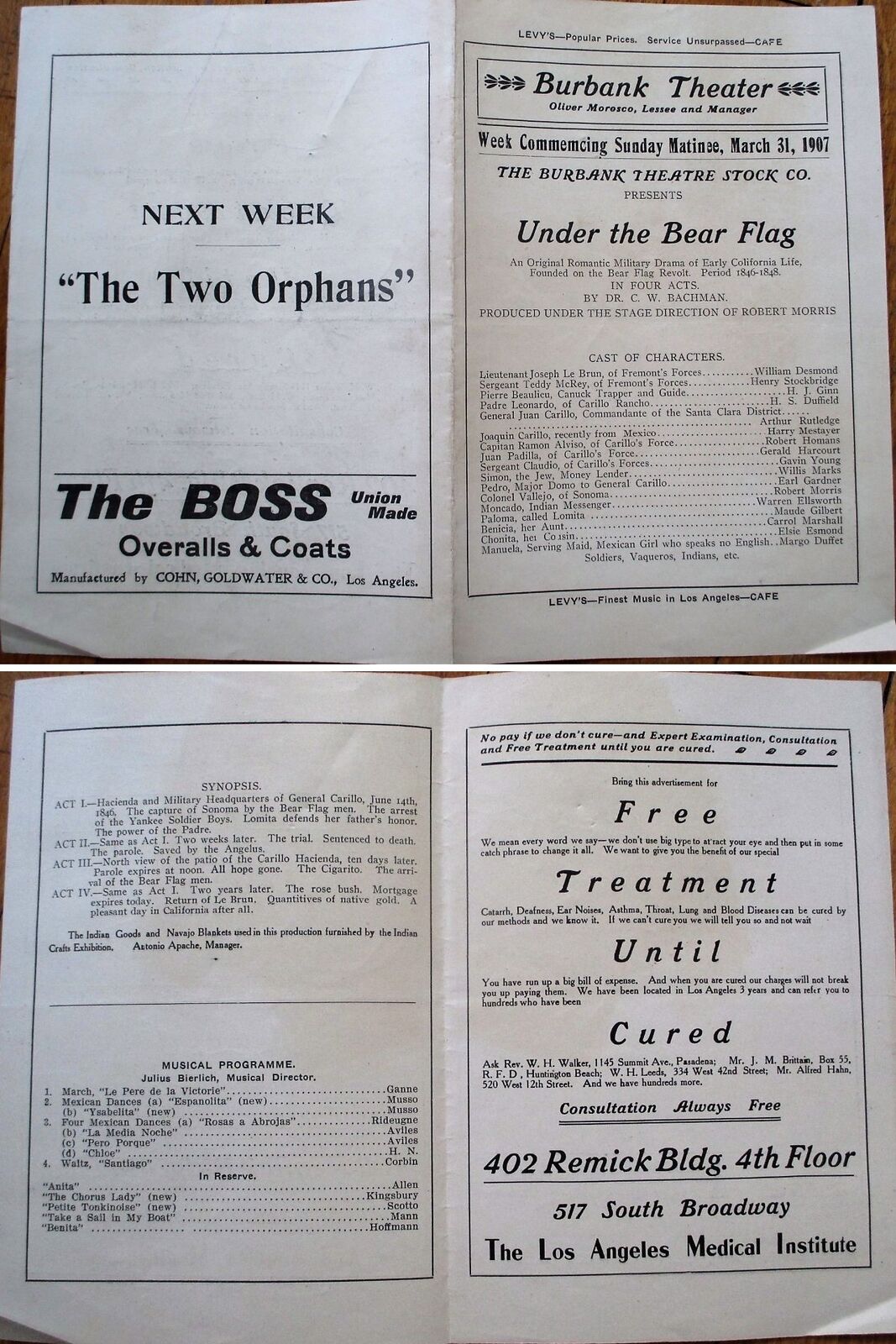 Burbank/Los Angeles, CA 1907 Theatre Program - Under the Bear Flag