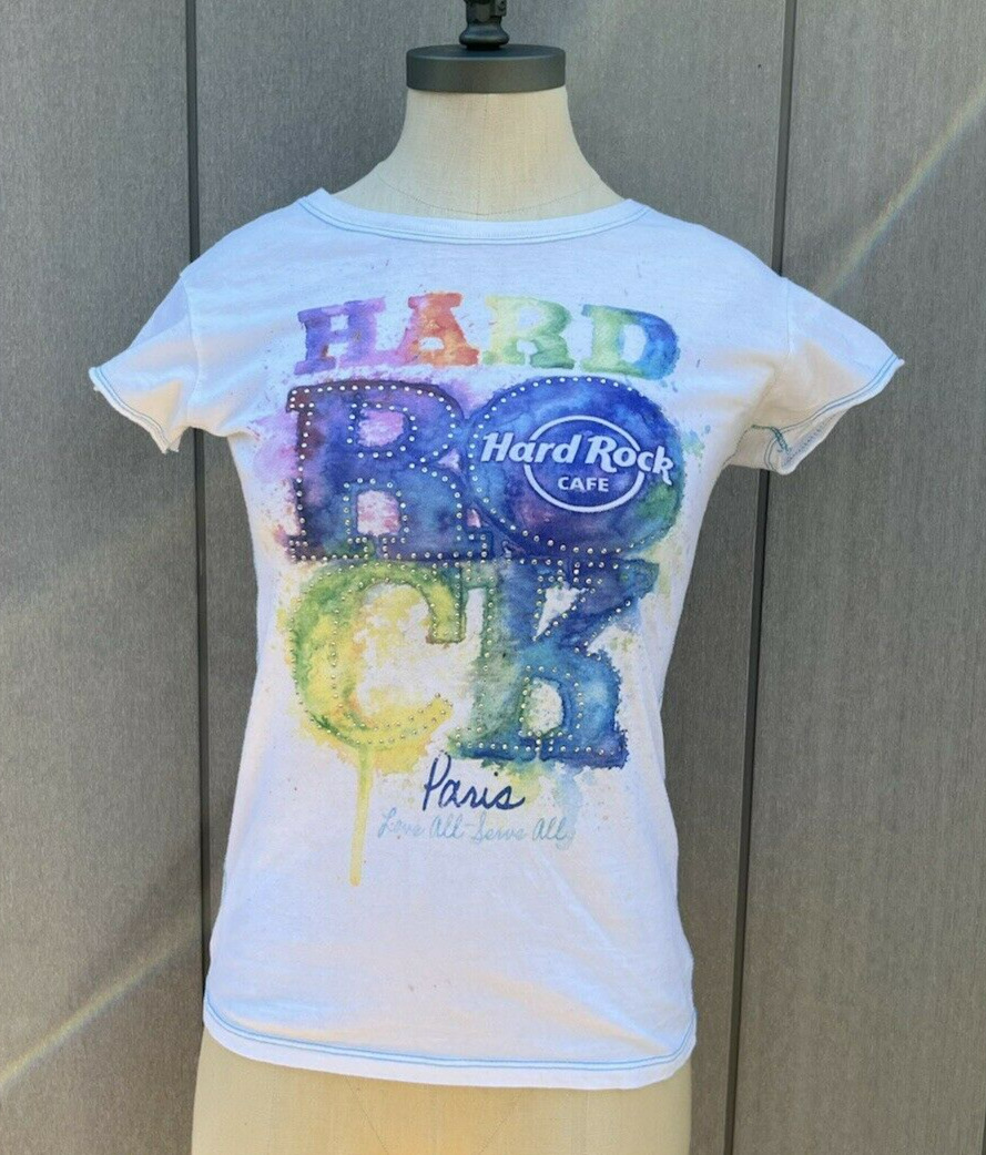 Hard Rock Cafe T-Shirt Paris Tie Dyed watercolor Look w/Rhinestones Sm Cotton