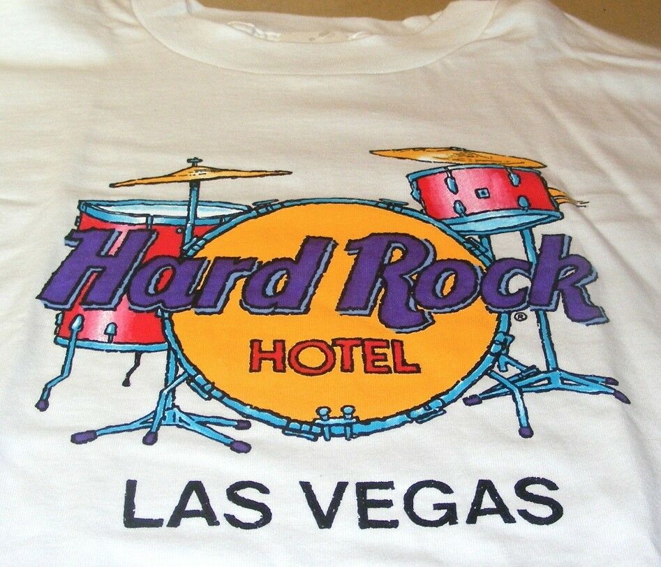 Hard Rock Hotel LAS VEGAS 1990s DRUMS & HRH LOGO White Tee T-SHIRT XL 23.5