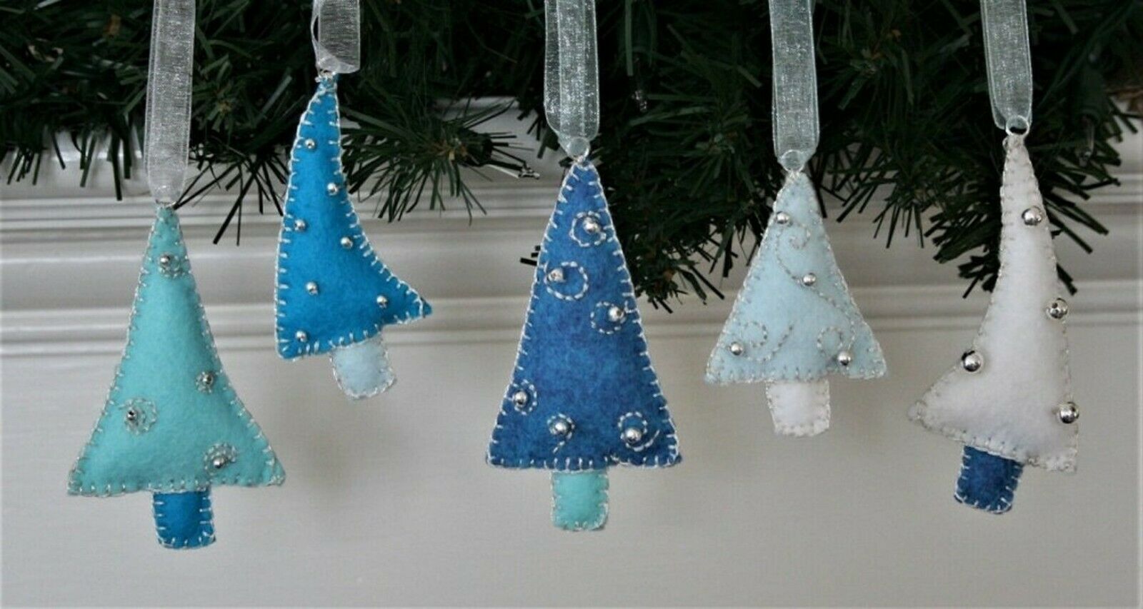 Craft Kit, Diy, Christmas Ornaments, Makes 5 Mini Trees Blue Felt Sewing