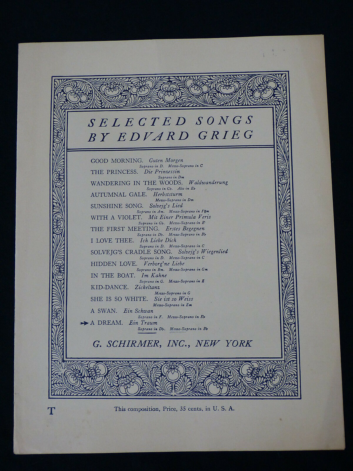 Antique Sheet Music - Edvard Grieg "a Deam - Ein Traum", G. Schirmer, 1909