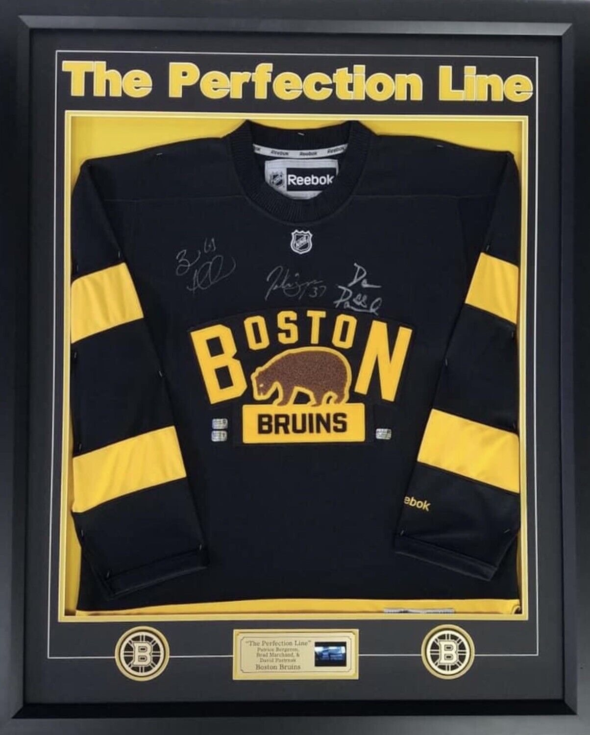 Autographed/Framed Bergeron, Marchand, Pastrnak, Authentic Bruins Jersey W/Video