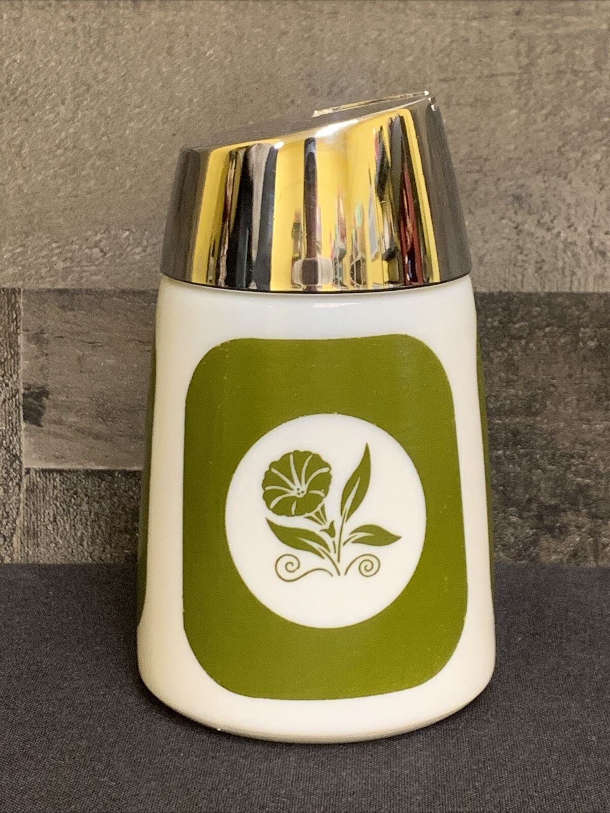 Vintage Milk Glass Sugar Shaker Santa Barbara Dispensers Inc Retro Green Flowers