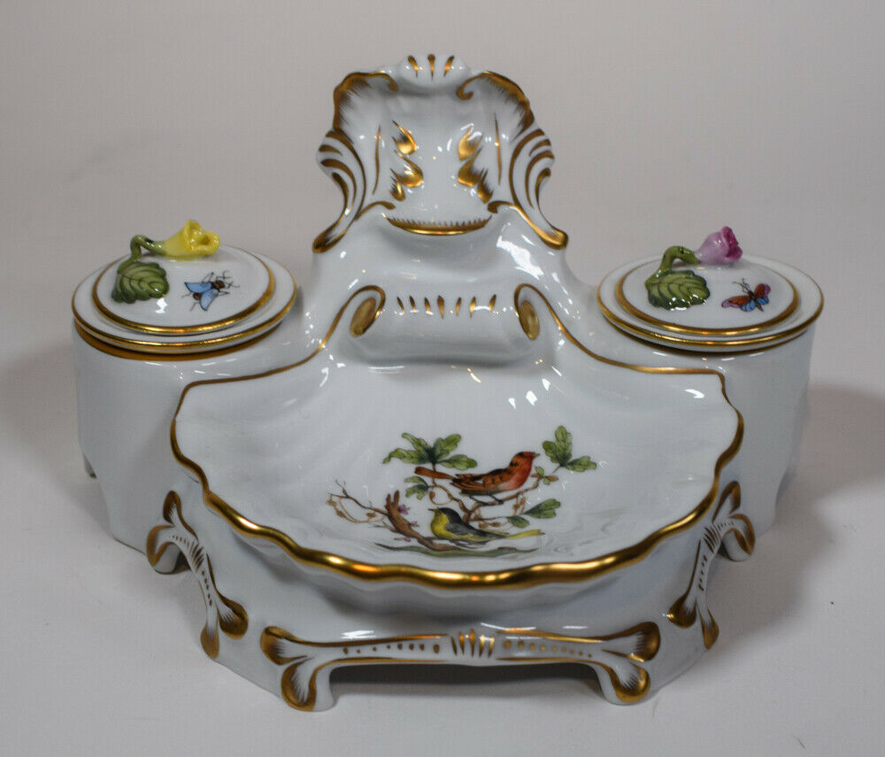 Herend Double Inkwell Rothschild Bird Hand Painted