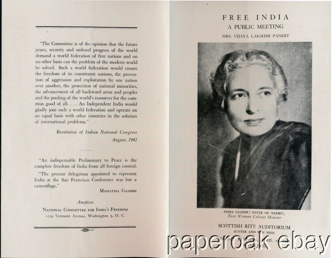 Indian Leader Mrs. Vijaya Lakshmi Pandit 1945 San Francisco Lecture Program