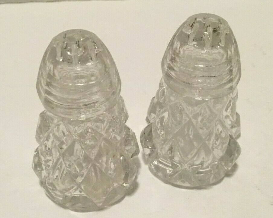 Vintage Pair Pressed Faceted Glass Salt & Pepper Shakers Glass Tops 2"