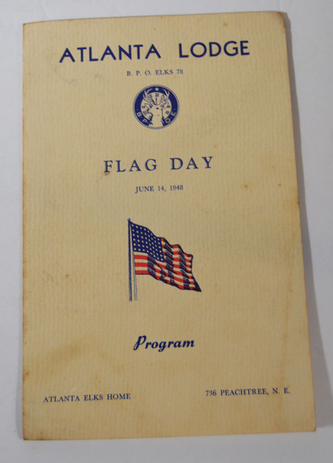 Vintage 1948 Folded Program Atlanta Lodge RPO ELKS 78 Flag Day