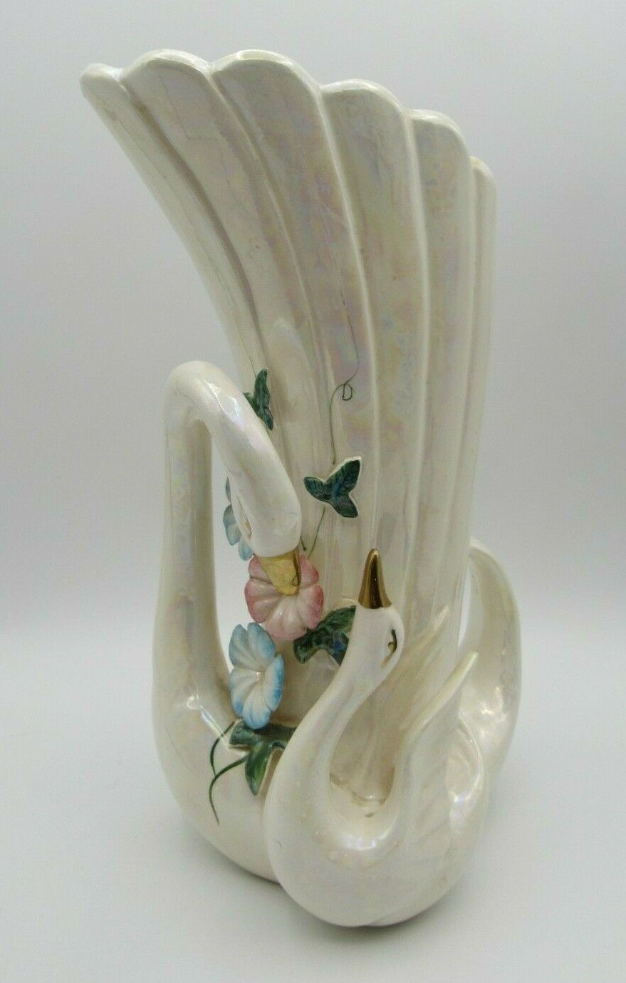 Lusterware Japan Swan Vase With 2 Swans Hand Painted Signed
