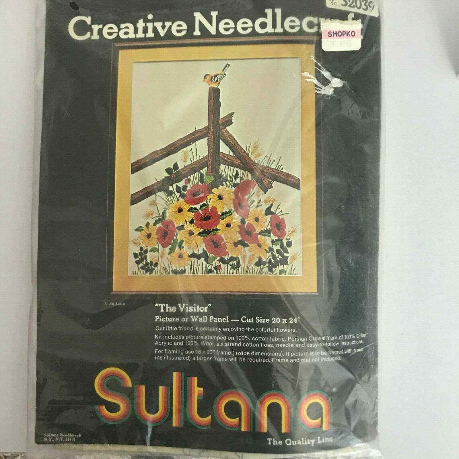 Sultana The Visitor Needlecraft Vintage Craft Kit Flowers Bird 32039 Made In Usa