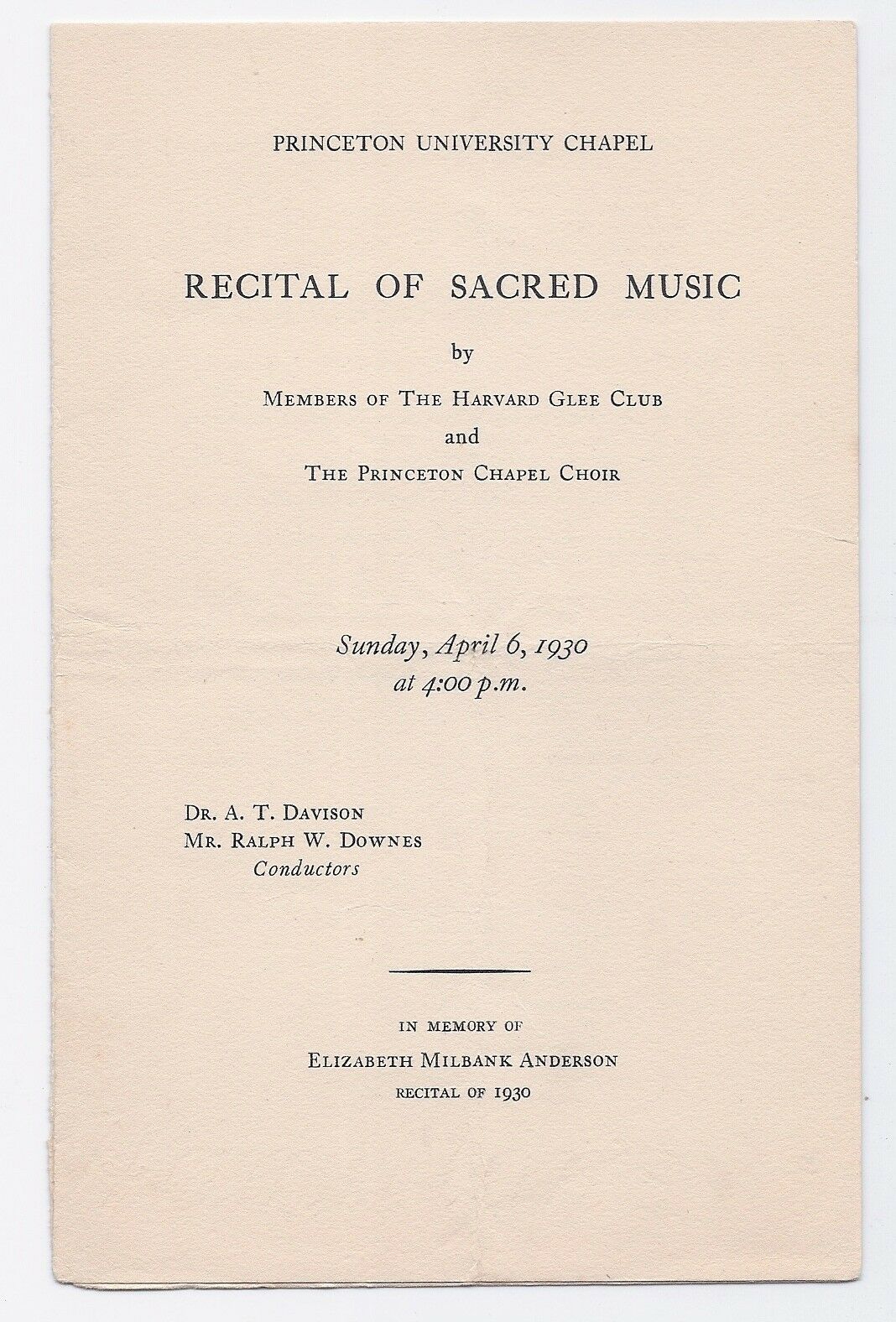 Recital of Sacred Music Program, Harvard Glee Club & Princeton Chapel Choir 1930