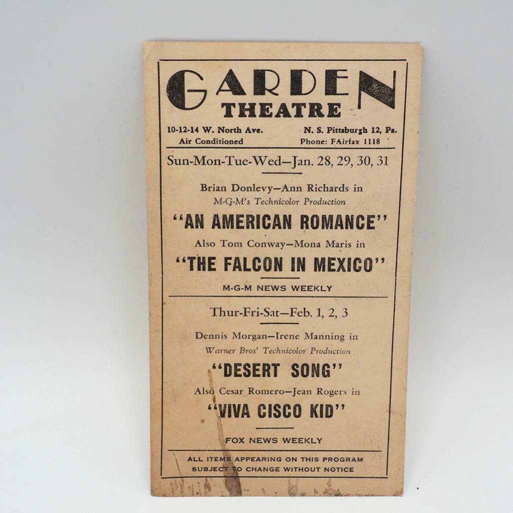 Movie Program Garden Theater Pittsburgh Pennsylvania 1944 Vintage
