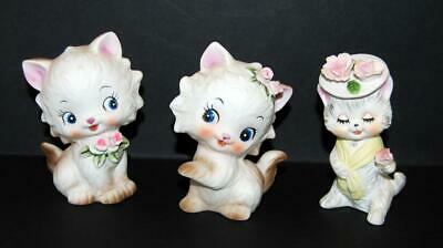 3 Vintage Porcelain Cat Figurines Anthropomorphic SWEET FACES! Applied Roses