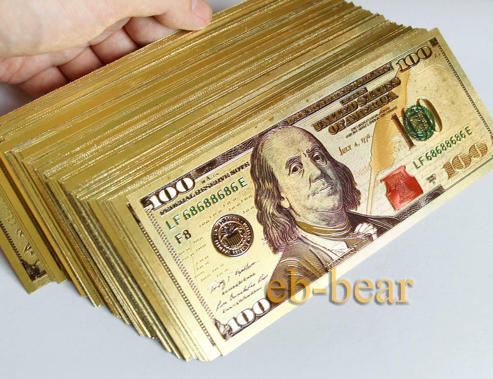 Wholesale Lot 100 Pcs New $ 100 Dollar Color Gold Notes Money Banknotes Crafts