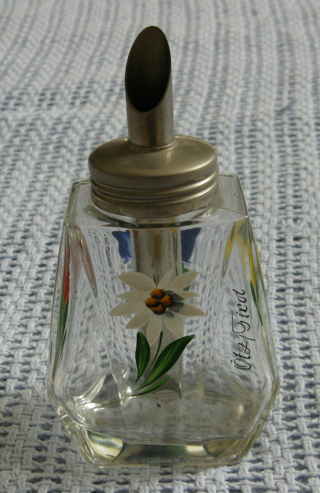 Vintage Sugar Shaker Steel Pour Spout Glass Flowers Europe
