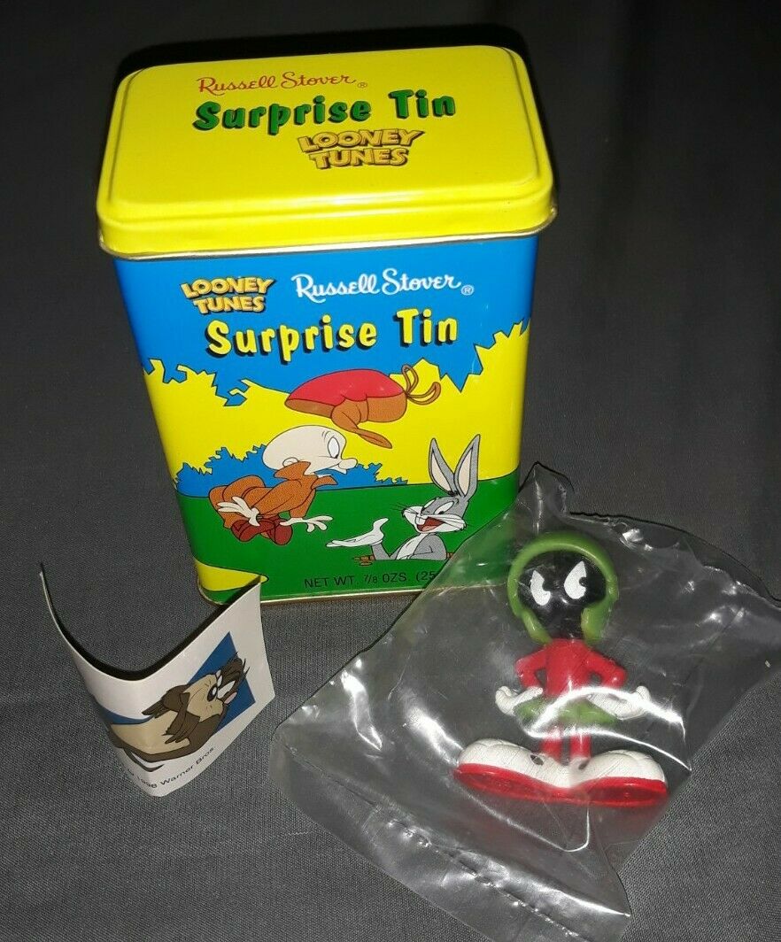 1998 Looney Tunes Bugs Bunny & Elmer Fudd Surprise Tin Box W/ Sticker & Figure