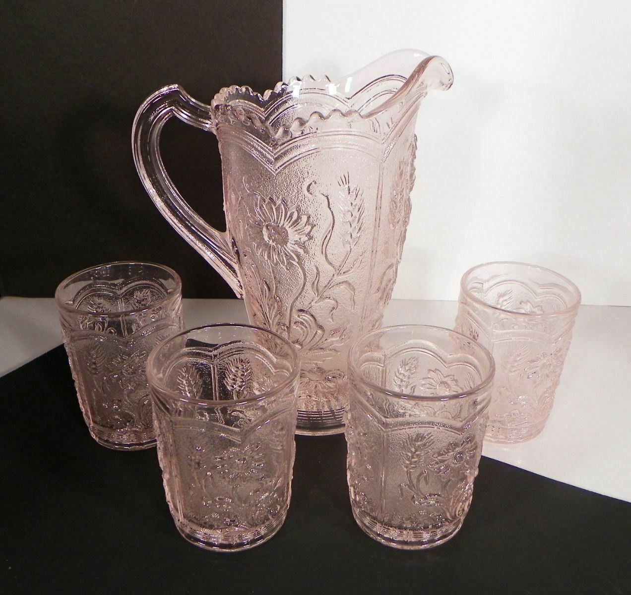 Mosser Glass Wildflower Passion Pink Water Pitcher Set With 4 Tumbler Glasses