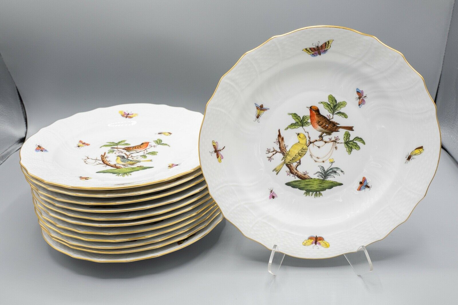 Herend Rothschild Bird Luncheon Plates 9" Set Of 12–1522 Free Usa Shipping