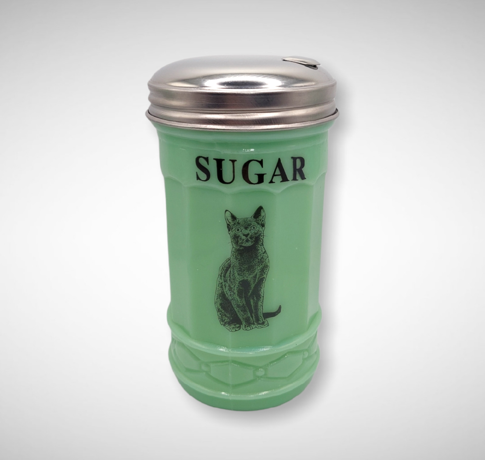 Jadeite Jade Glass Black Cat Paneled Sugar Shaker, Milk Glass, Canister, Jar